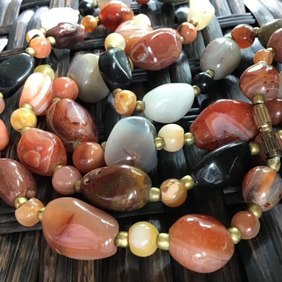 Vintage Polished Gemstone Beaded Necklace 34" Long Weighty Earth Tones - Picture 3 of 16